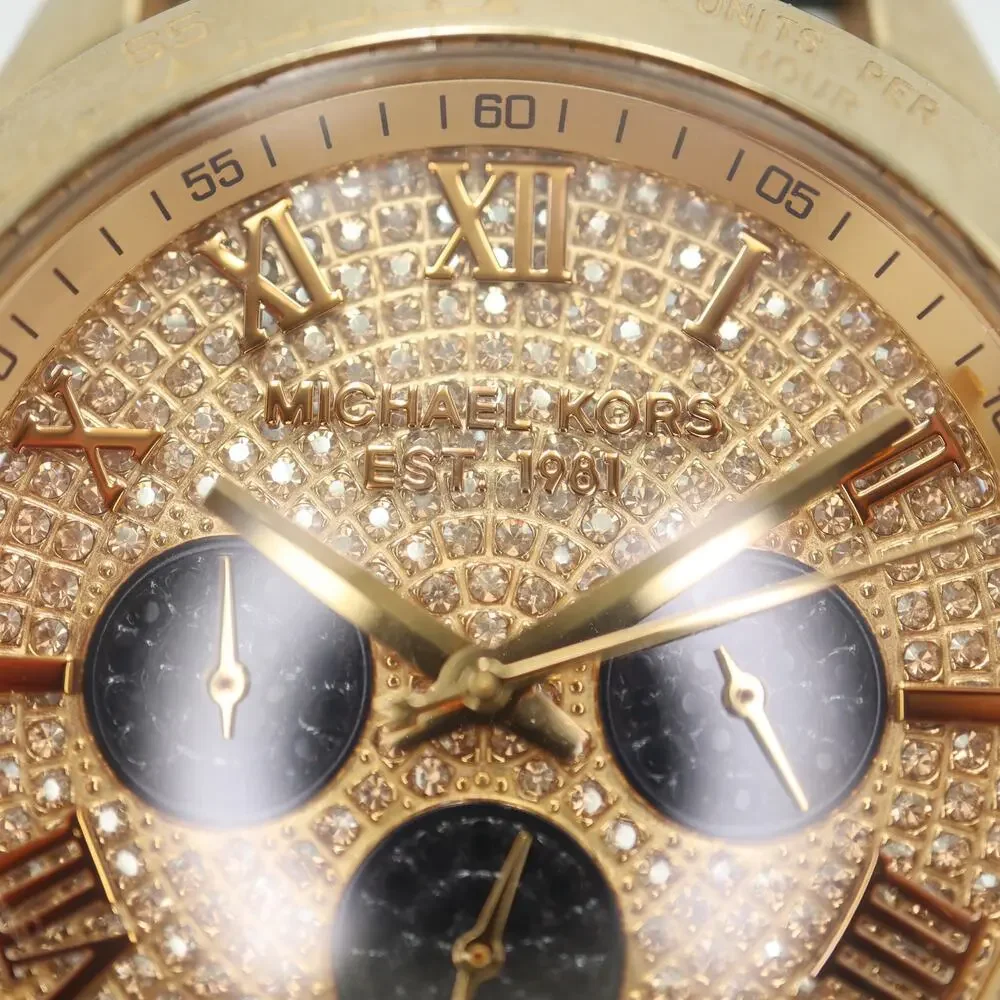 Michael Kors Layton Glitz Gold Black Chronograph 44mm Watch Blue Leather Strap
